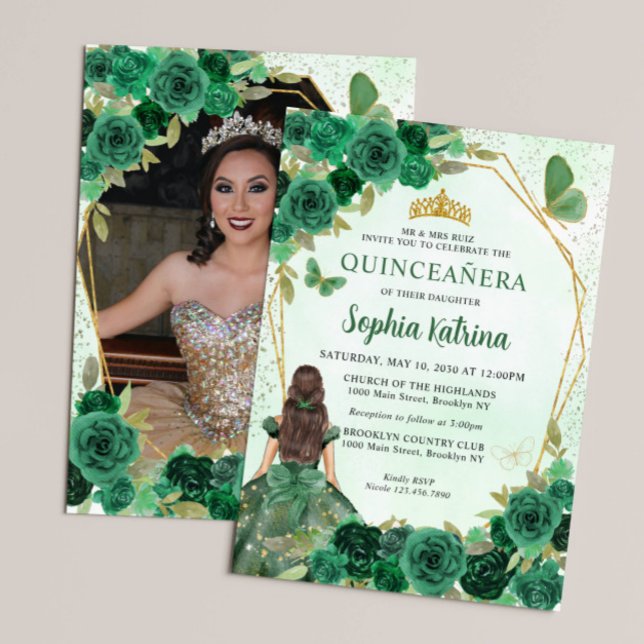 Invitation Emerald Green Floral Princess Quinceañera Photo (Créateur téléchargé)