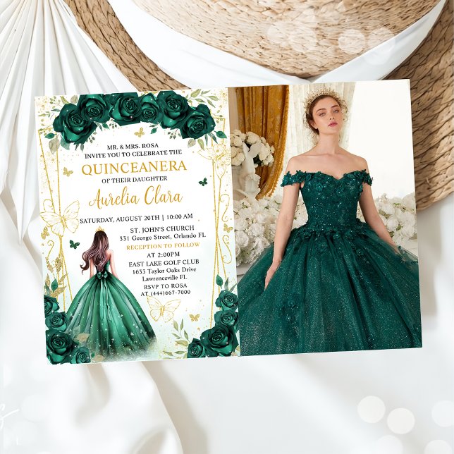 Invitation Emerald Green Floral Princess Quinceañera Photo (Créateur téléchargé)