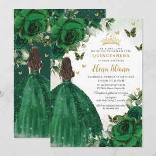 Invitation Emerald Green Floral Princess Quinceañera Sweet 16