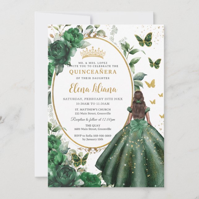 Invitation Emerald Green Floral Princess Robe Quinceañera (Devant)