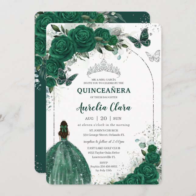 Invitation Emerald Green Floral Princess Silver Quinceañera (Devant / Derrière)