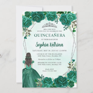 Invitation Emerald Green Floral Princesse Tiara Quinceañera
