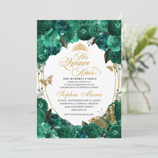 Invitation Emerald Green Floral Quinceanera Anniversaire (Debout devant)