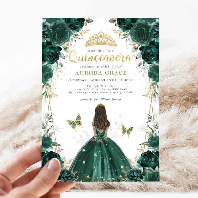 Invitation Emerald Green Floral Quinceañera Couronne Princess (Créateur téléchargé)