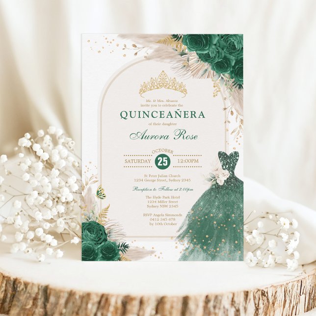 Invitation Emerald Green Floral Quinceañera Princesse (Créateur téléchargé)