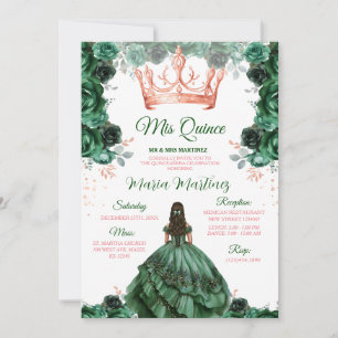 Invitation Emerald Green Floral Rose Gold Crown Mis Quince