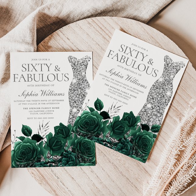 Invitation Emerald Green Floral & Silver Gown 60e anniversair (Créateur téléchargé)