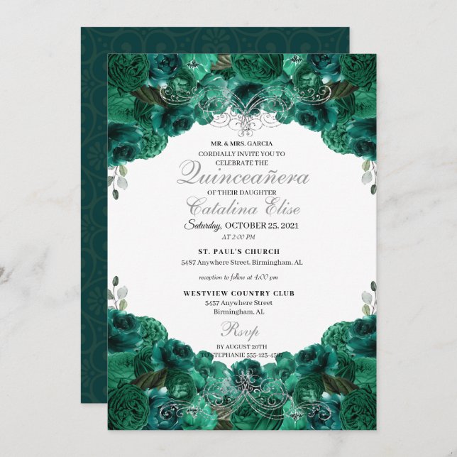 Invitation Emerald Green Floral Sweet 15 Quinceanera (Devant / Derrière)