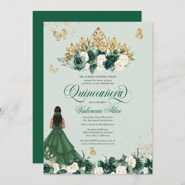 Invitation Emerald Green Floral Tiara + Butterfly Quinceanera (Devant / Derrière)