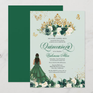 Invitation Emerald Green Floral Tiara + Butterfly Quinceanera