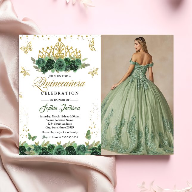 Invitation Emerald Green Floral Tiara Butterfly Quinceanera (Créateur téléchargé)