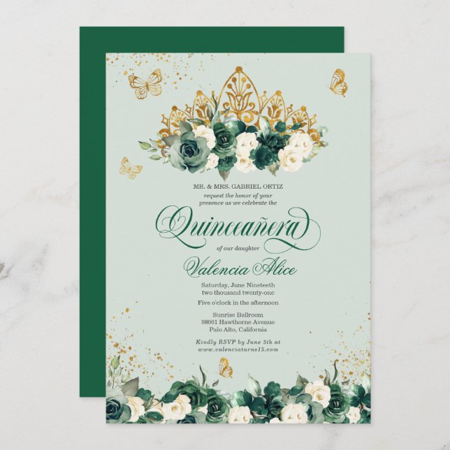 Invitation Emerald Green Floral Tiara + Butterfly Quinceanera (Devant / Derrière)