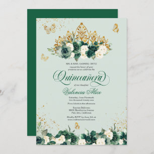 Invitation Emerald Green Floral Tiara + Butterfly Quinceanera