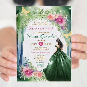 Invitation Emerald Green Forest Robe rose Floral Quinceañera