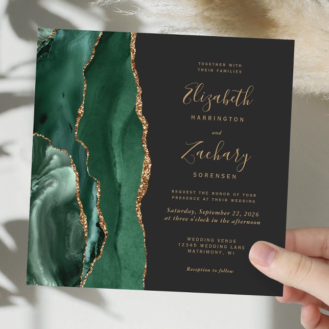 Invitation Emerald Green Gold Agate Carré foncé Mariage (Créateur téléchargé)