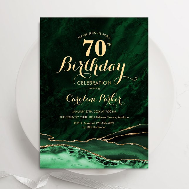 Invitation Emerald Green Gold Agate Marbre 70e anniversaire (Créateur téléchargé)