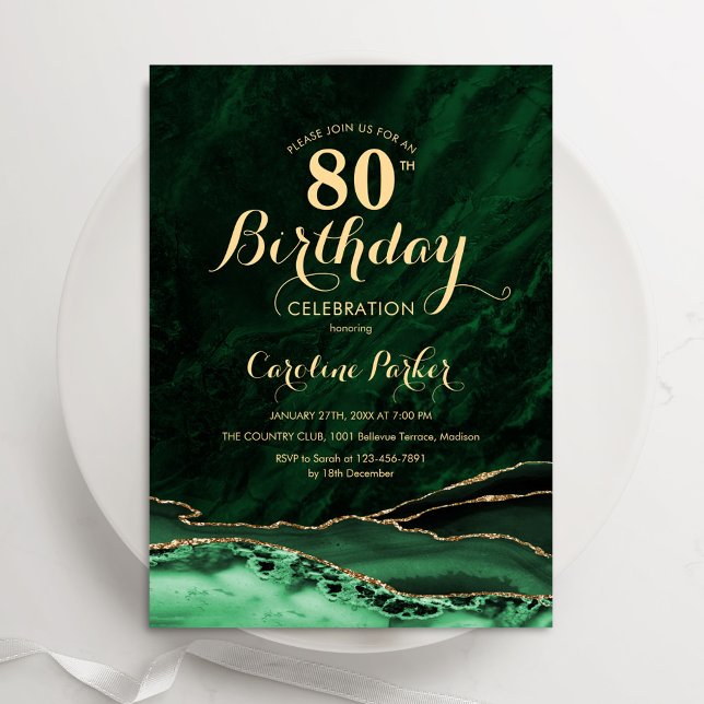 Invitation Emerald Green Gold Agate Marbre 80e anniversaire (Créateur téléchargé)