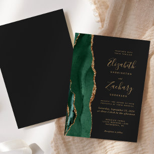 Invitation Emerald Green Gold Agate Mariage foncé