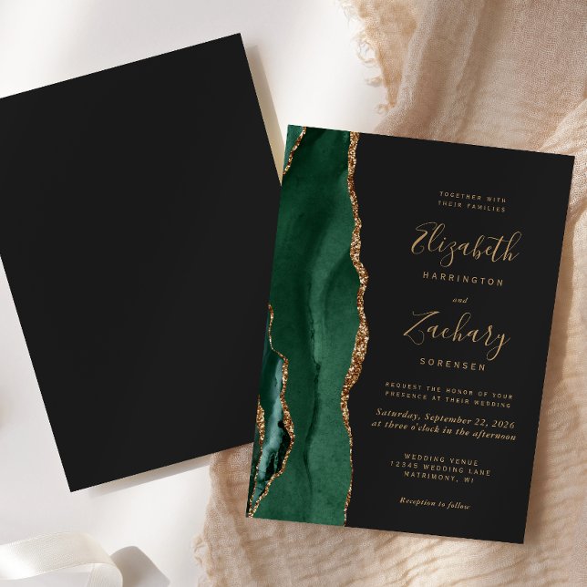 Invitation Emerald Green Gold Agate Mariage foncé (Créateur téléchargé)