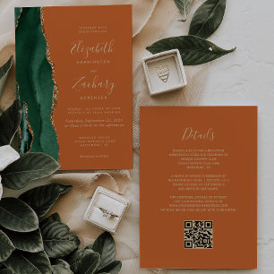Invitation Emerald Green Gold Agate Rust QR Code Mariage