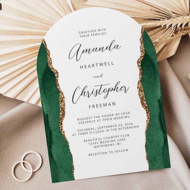 Invitation Emerald Green Gold Agate Script Arch Wedding (Créateur téléchargé)