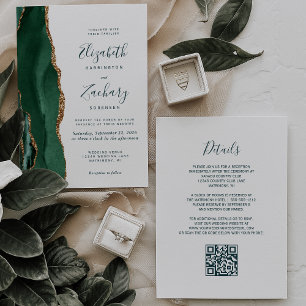 Invitation Emerald Green Gold Agate Script QR Code Mariage