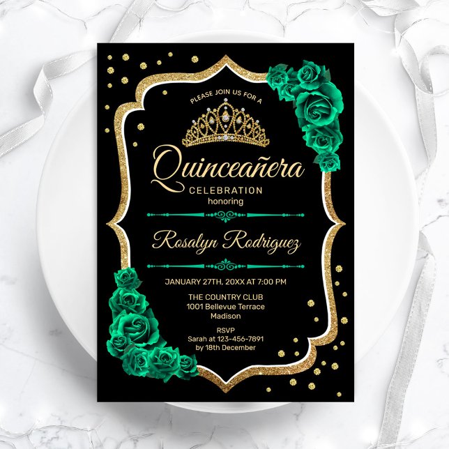 Invitation Emerald Green Gold Black Elegant Quinceanera (Créateur téléchargé)