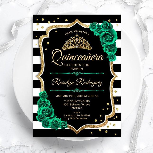 Invitation Emerald Green Gold Black Elegant Quinceanera (Créateur téléchargé)
