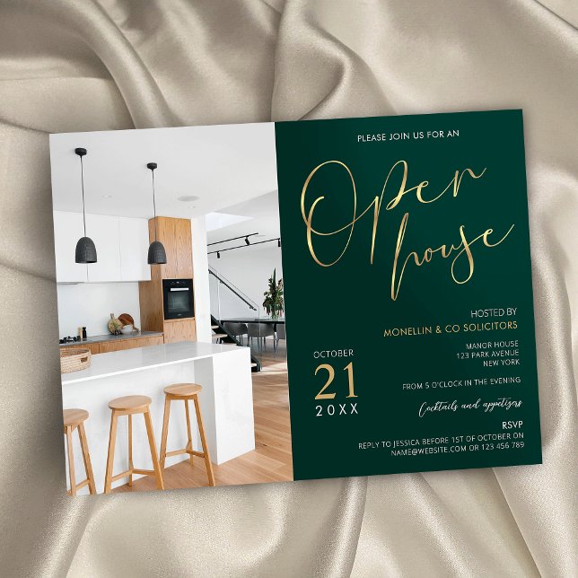 Invitation Emerald Green & Gold Business Open House One Photo (Green and faux gold business logo modern open house photo invitation)
