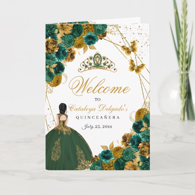 Invitation Emerald Green & Gold Butterfly Quinceanera Program (Devant)
