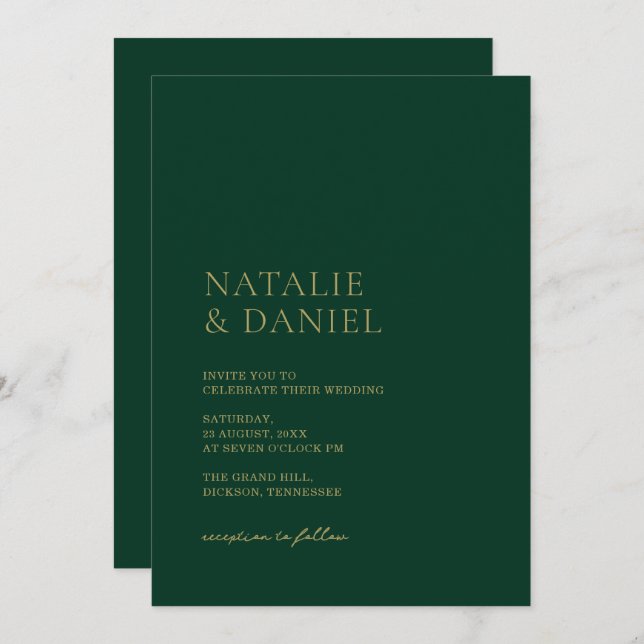 Invitation Emerald Green & Gold Chic Mariage (Devant / Derrière)