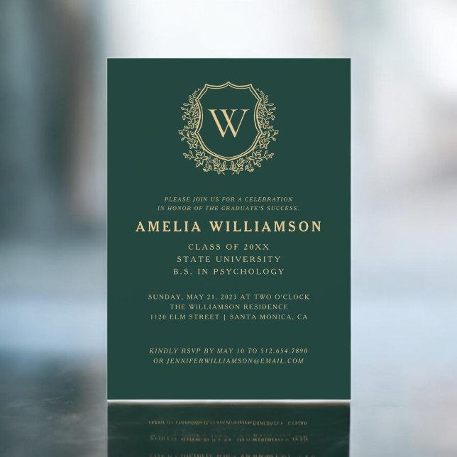 Invitation Emerald Green Gold Crest Monogram Graduation Party (Créateur téléchargé)