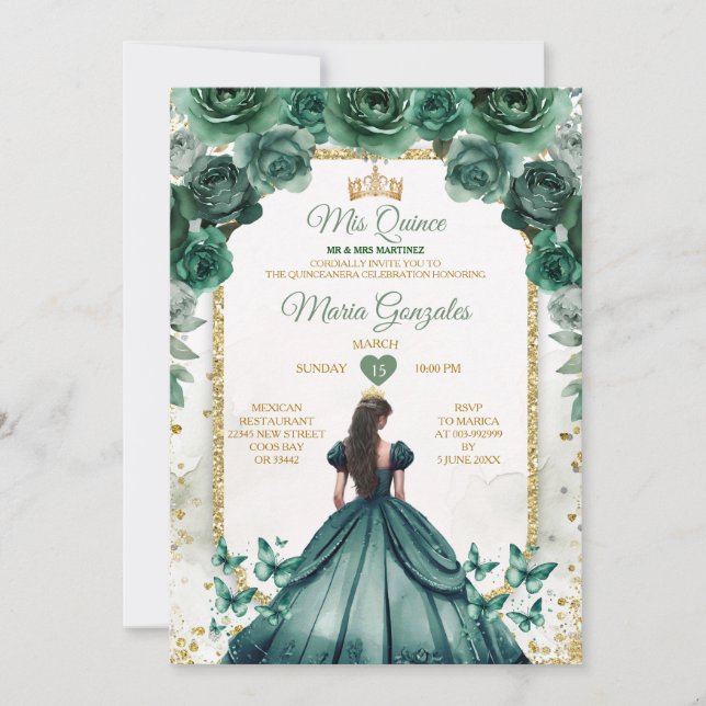 Invitation Emerald Green & Gold Crown Mis Quince Butterfly (Devant)