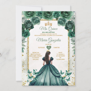 Invitation Emerald Green & Gold Crown Mis Quince Butterfly