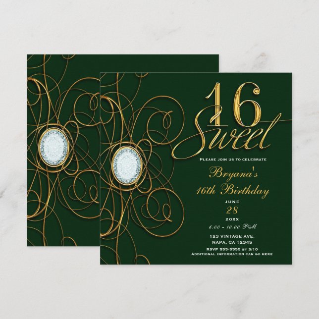 Invitation Emerald Green & Gold Diamond Sweet 16 Anniversaire (Devant / Derrière)