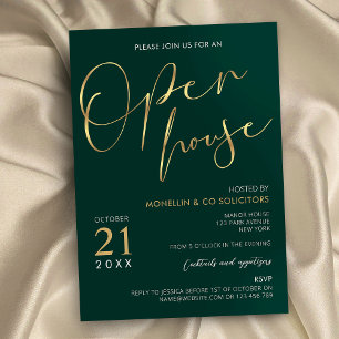 Invitation Emerald Green & Gold Elegant Business Open House