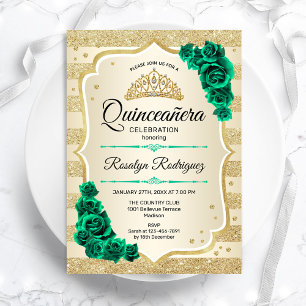 Invitation Emerald Green Gold Elegant Floral Quinceanera