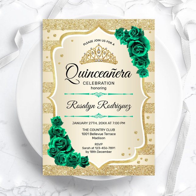 Invitation Emerald Green Gold Elegant Floral Quinceanera (Créateur téléchargé)