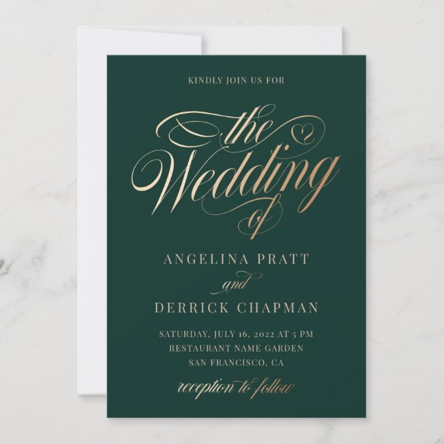 Invitation Emerald Green Gold Élégant Mariage de calligraphie (Devant)
