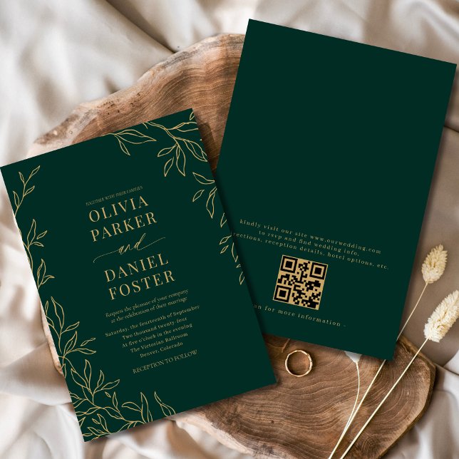 Invitation Emerald Green Gold Elegant QR Code Mariage (Créateur téléchargé)