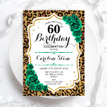 Invitation Emerald Green Gold Empreinte de léopard 60e annive<br><div class="desc">Invitation de fête du 60e anniversaire. Design vert émeraude floral élégant avec de l'or parties scintillant et des roses. Caractéristiques du poster de animal de guépard léopard et police de script. Idéal pour une célébration anniversaire féminine élégante. Peut être customisé pour n'importe quel âge ! Invitations Zazzle imprimées ou téléchargement...</div>
