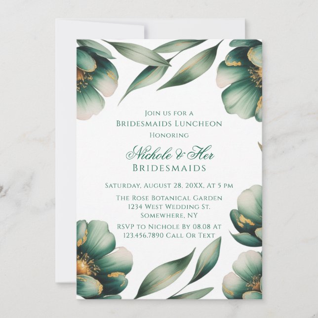 Invitation Emerald Green & Gold Floral Bridesmaids Luncheon (Devant)