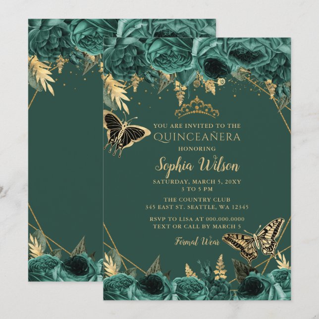 Invitation Emerald Green Gold Floral Butterfly Quinceañera (Devant / Derrière)