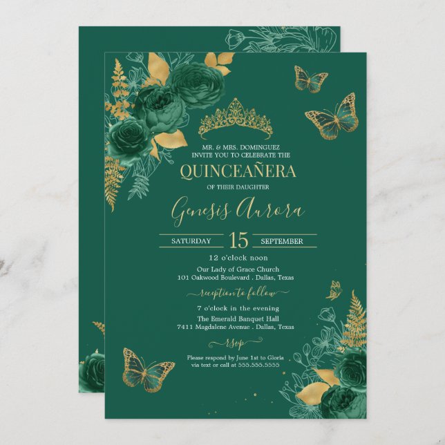 Invitation Emerald Green & Gold Floral Butterfly Quinceañera (Devant / Derrière)