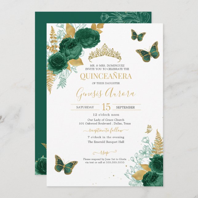 Invitation Emerald Green & Gold Floral Butterfly Quinceañera (Devant / Derrière)