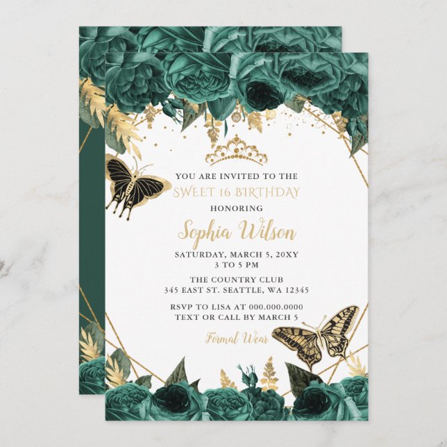 Invitation Emerald Green Gold Floral Butterfly SWEET 16 (Devant / Derrière)
