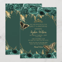 Emerald Green Gold Floral Butterfly Sweet 16