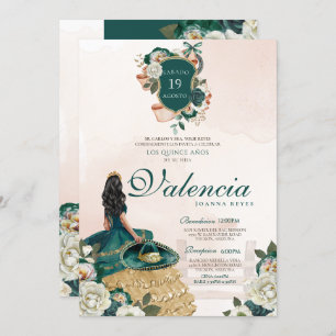 Invitation Emerald Green Gold Floral Crest Charro Quinceanera