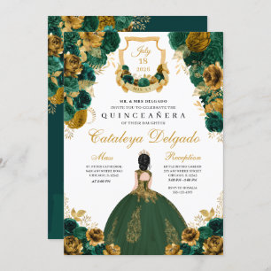 Invitation Emerald Green & Gold Floral Elegant Quinceañera