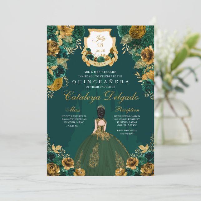 Invitation Emerald Green & Gold Floral Elegant Quinceañera (Debout devant)